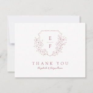 Minimal Rose Gold Cherry Blossom Monogram Crest Thank You Card