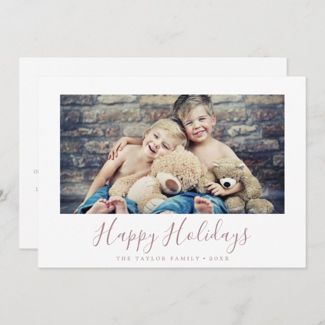 Minimal Rose Gold Happy Holidays Year In Review Holiday Card (Front/Back)