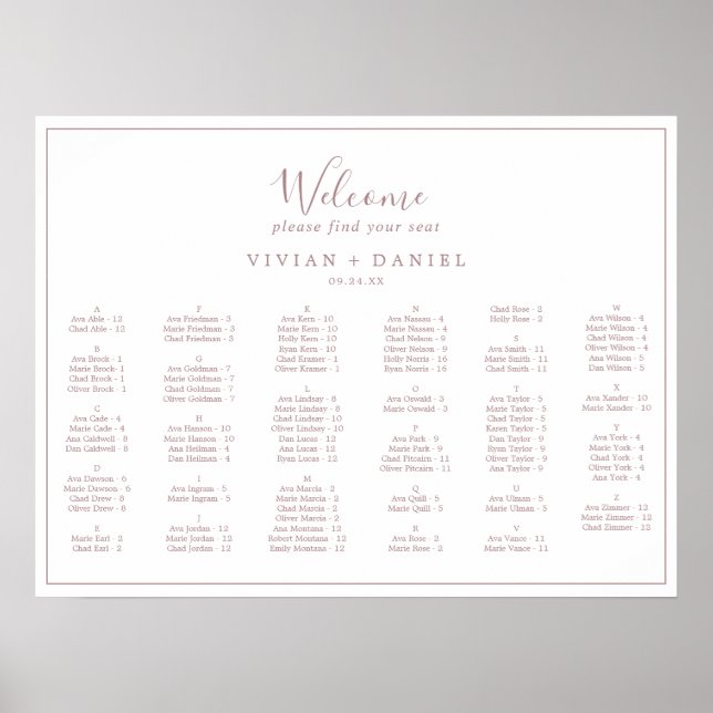 Minimal Rose Gold Horizontal Seating Chart (Front)
