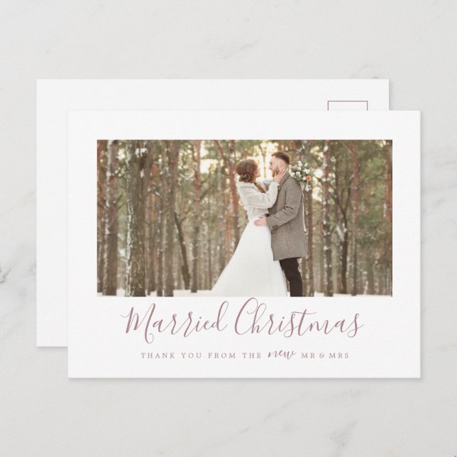 Minimal Rose Gold Married Christmas Thank You Holiday Postcard (Front/Back)