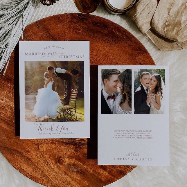 Minimal Rose Gold Married Little Christmas 3 Photo Holiday Card (Creator Uploaded)