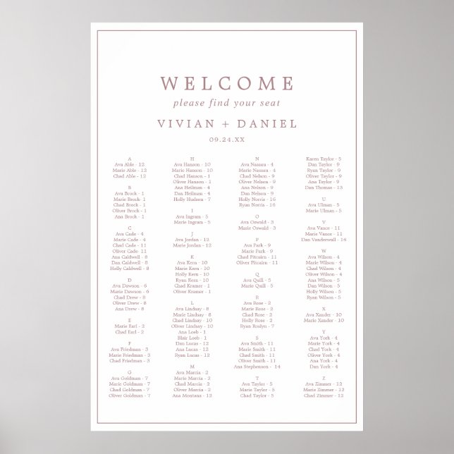 Minimal Rose Gold Typography Seating Chart (Front)