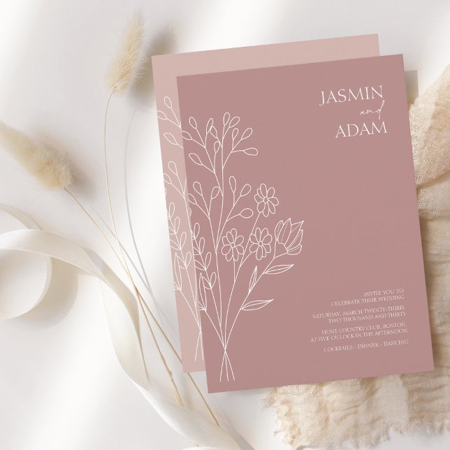 Minimal Rose Gold White Wildflowers Wedding Invitation (Creator Uploaded)