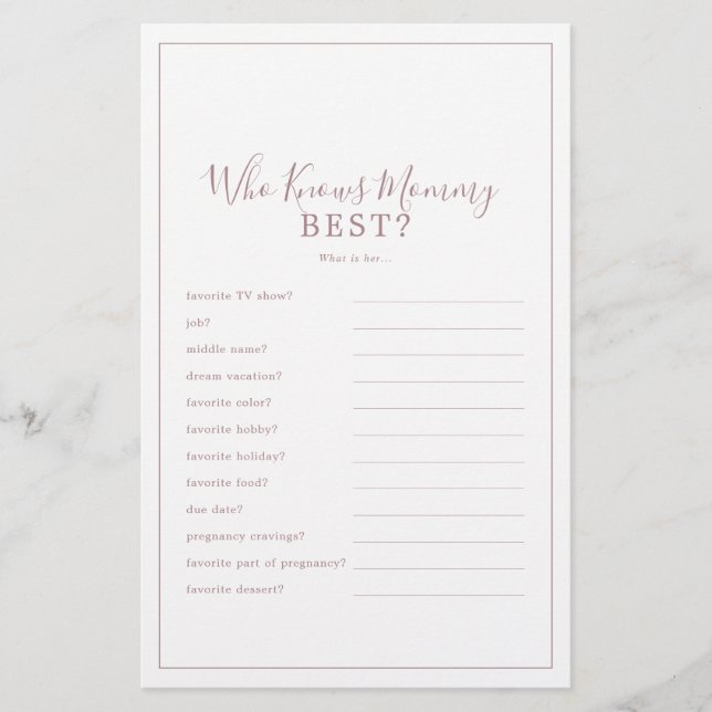 Minimal Rose Gold Who Knows Mommy Best Trivia Game Flyer (Front)