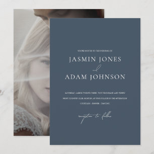 Minimal Royal Blue Monogram Photo Elegant Wedding Invitation