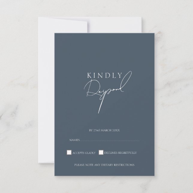 Minimal Royal Blue Opulence Script Photo Wedding RSVP Card (Front)