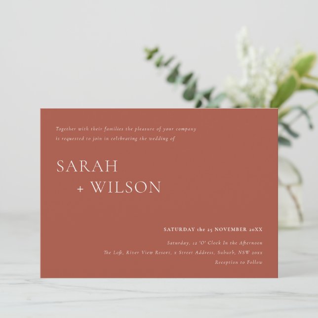 Minimal Rust Brick Red Typography Wedding Invite (Standing Front)
