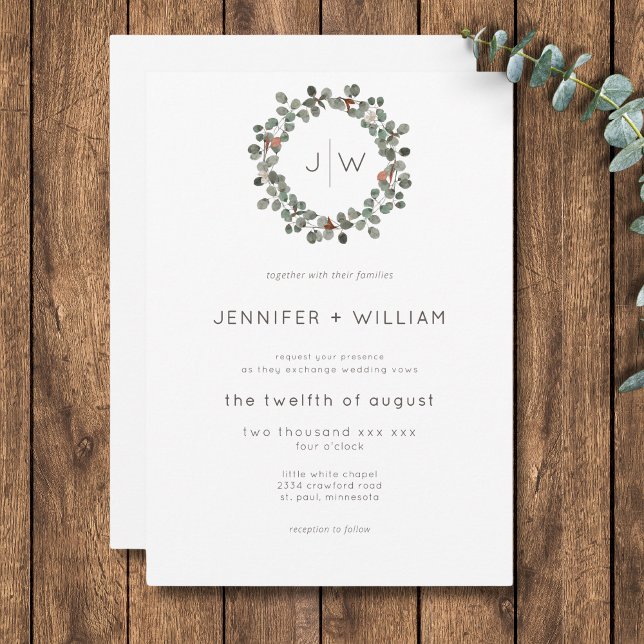 Minimal Rust Green Eucalyptus Wreath Wedding Invitation (Minimal Rust Green Eucalyptus Wreath Wedding Invitation)