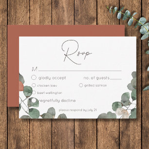 Minimal Rust Green Eucalyptus Wreath Wedding RSVP Card
