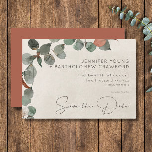 Minimal Rust Green Eucalyptus Wreath Wedding Save The Date