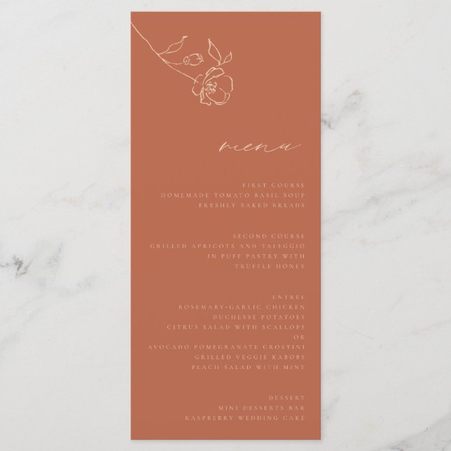 Minimal Rust Peach Fine Art Floral Wedding Menu (Front)