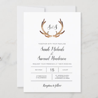 Minimal Rustic Antler Watercolor Wedding Invitation