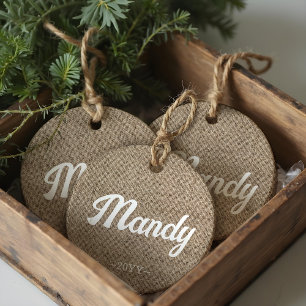 Minimal Rustic Farmhouse Burlap Personalised Ceramic Ornament