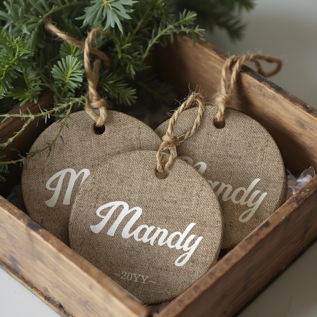 Minimal Rustic Farmhouse Burlap Personalised  Ceramic Ornament (Minimal Rustic Farmhouse Burlap Personalized Ceramic Ornament)