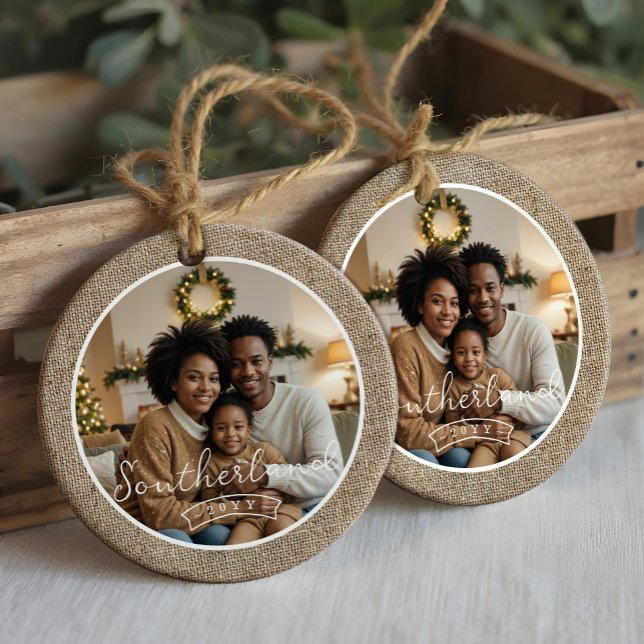 Minimal Rustic Farmhouse Burlap Personalised Photo Ceramic Ornament (Minimal Rustic Farmhouse Burlap Personalized Photo Ceramic Ornament)