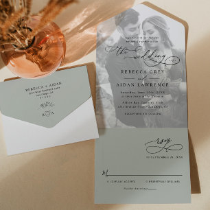 Minimal Rustic Sage Green Photo Wedding All In One Invitation