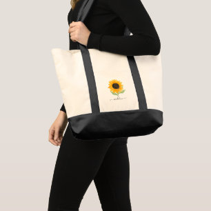 Minimal Rustic Sunflower Personalised Name Script Tote Bag