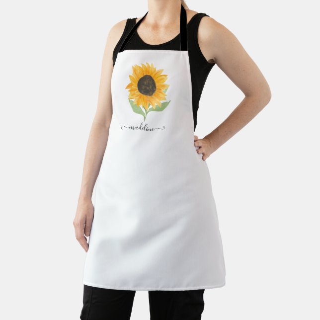 Minimal Rustic Sunflower Personalized Name Script Apron (Insitu)