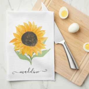 Minimal Rustic Sunflower Personalized Name Script Tea Towel