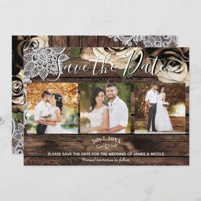 Minimal Rustic Wood Gold Roses Photo Save the Date Invitation (Front/Back)