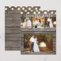 Minimal Rustic Wood & Lights 4 Photo Save the Date