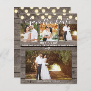 Minimal Rustic Wood & Lights 4 Photo Save the Date