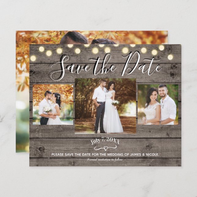 Minimal Rustic Wood & Lights Photo Save the Date (Front/Back)