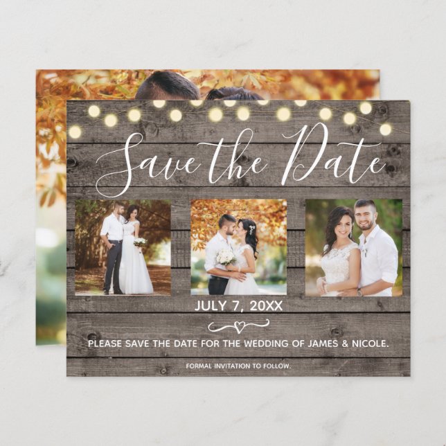 Minimal Rustic Wood & Lights Photo Save the Date (Front/Back)