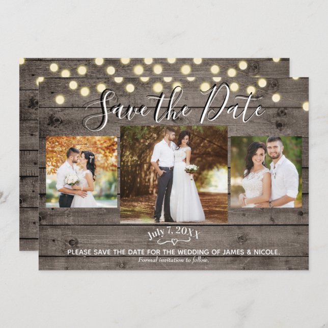 Minimal Rustic Wood & Lights Photo Save the Date   Invitation (Front/Back)