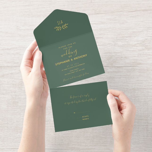 Minimal Sage and Gold Branch Calligraphy Wedding   All In One Invitation (Tearaway)