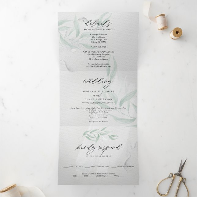 Minimal Sage Eucalyptus Grey Watercolor Tri-Fold Invitation (Inside)