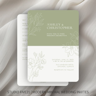 Minimal Sage Foliage Outline All-in-One Wedding Invitation