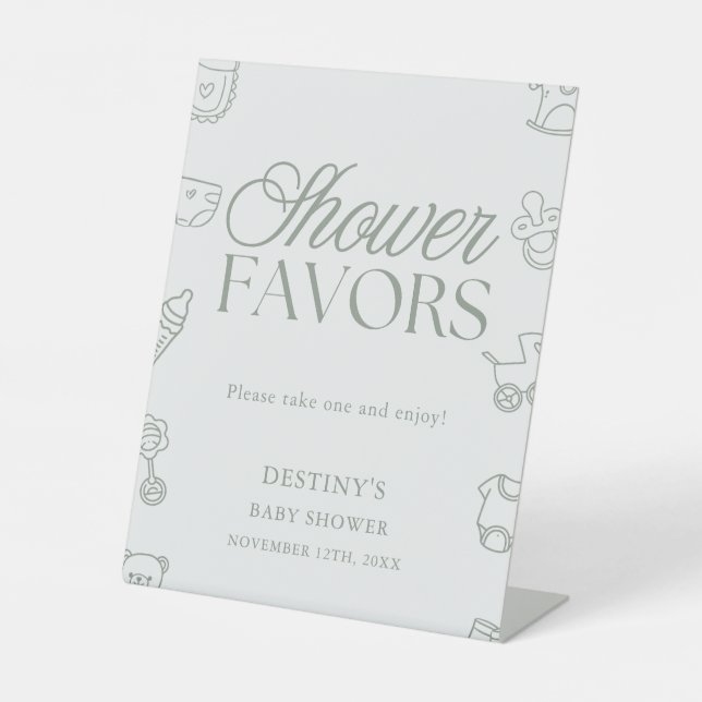 Minimal Sage Green Baby Shower Favors Pedestal Sign (Front)
