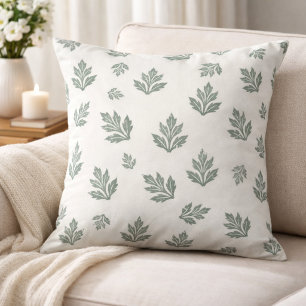 Minimal Sage Green Block Print Leaf Cushion