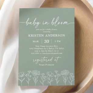 Minimal Sage Green Boho Wildflower Baby Shower Invitation