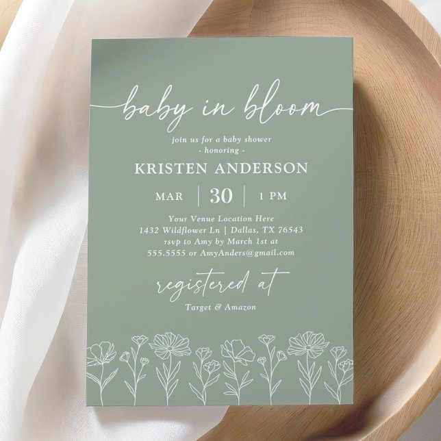 Minimal Sage Green Boho Wildflower Baby Shower Invitation (Creator Uploaded)