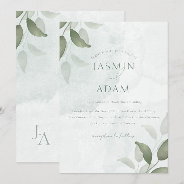 Minimal Sage Green Botanical Wedding Invitation (Front/Back)