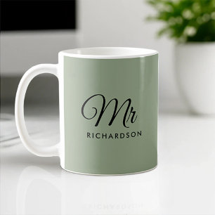Minimal Sage-Green Heart Mr Wedding Anniversary Coffee Mug