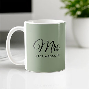 Minimal Sage-Green Heart Mrs Wedding Anniversary Coffee Mug