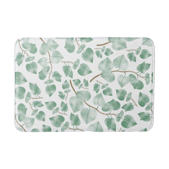 Minimal Sage Green Leaves Watercolor Pattern Bath Mat (Front)