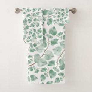 Minimal Sage Green Leaves Watercolor Pattern Bath Towel Set