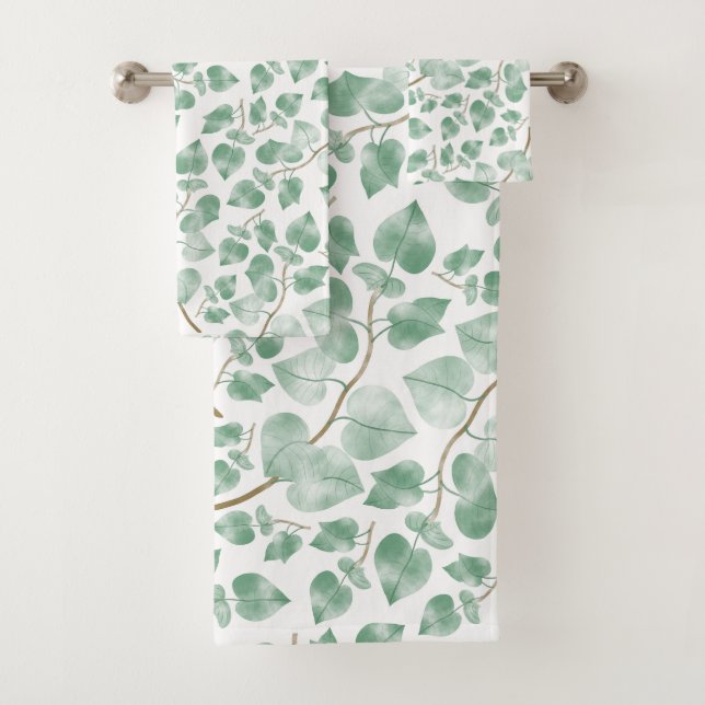 Minimal Sage Green Leaves Watercolor Pattern Bath Towel Set (Insitu)