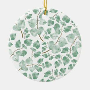 Minimal Sage Green Leaves Watercolor Pattern Ceramic Ornament