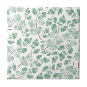 Minimal Sage Green Leaves Watercolor Pattern Ceramic Tile