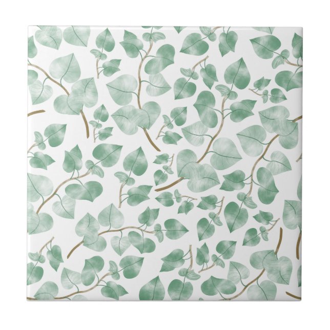 Minimal Sage Green Leaves Watercolor Pattern Ceramic Tile (Front)