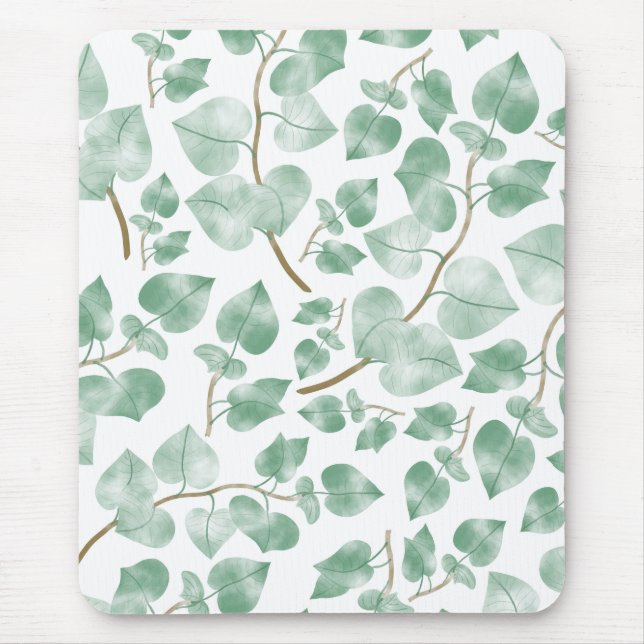 Minimal Sage Green Leaves Watercolor Pattern Mouse Pad (Front)
