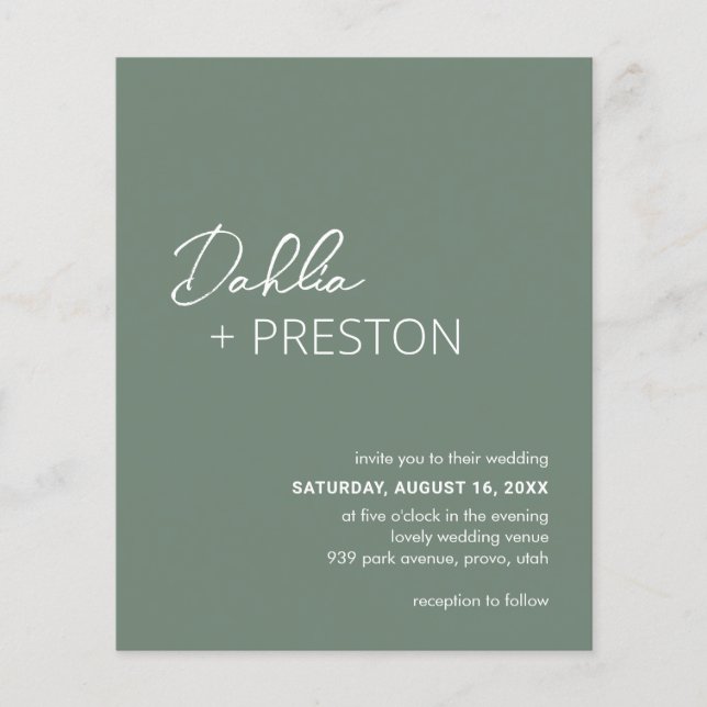 Minimal Sage Green Modern Budget Wedding Invite Flyer (Front)