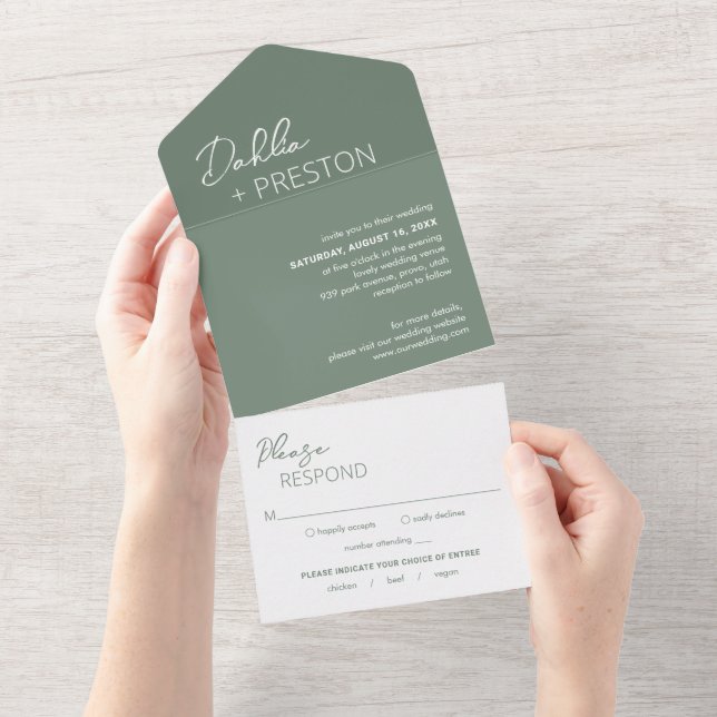 Minimal Sage Green Modern Wedding All In One Invitation (Tearaway)