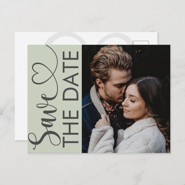 Minimal Sage Green Photo & Heart Save the Date Announcement Postcard (Front/Back)