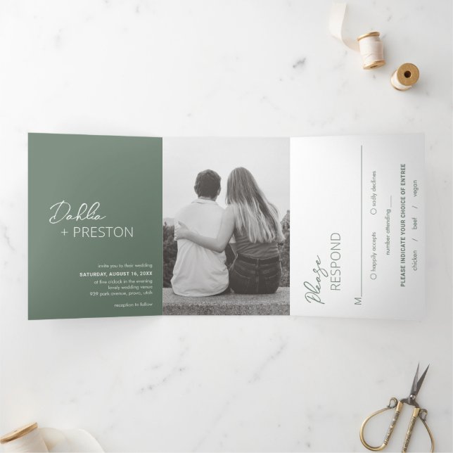 Minimal Sage Green Photo Modern Wedding Tri-Fold Invitation (Inside)